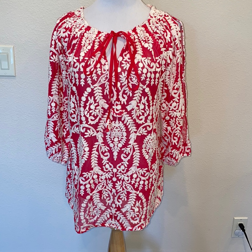 Taj by Sabrina Embroidered Tunic Cover Up Dress 3/4 Sleeves Pink  White Mefium